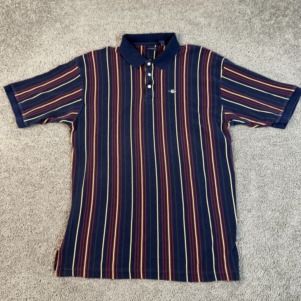 Vintage GANT Polo Shirt Mens 2XL Blue Striped Short Sleeve 100% Cotton Collared